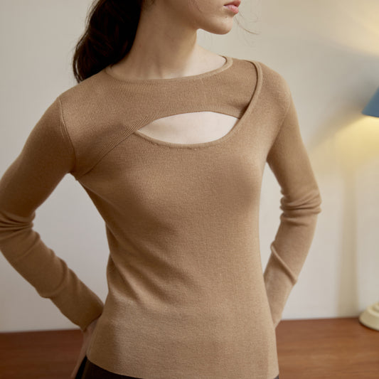 Wool Top Autumn Winter Design Slim Bottoming Shirt Gentle Long Sleeve Sweater Hollow Out Cutout Sweater