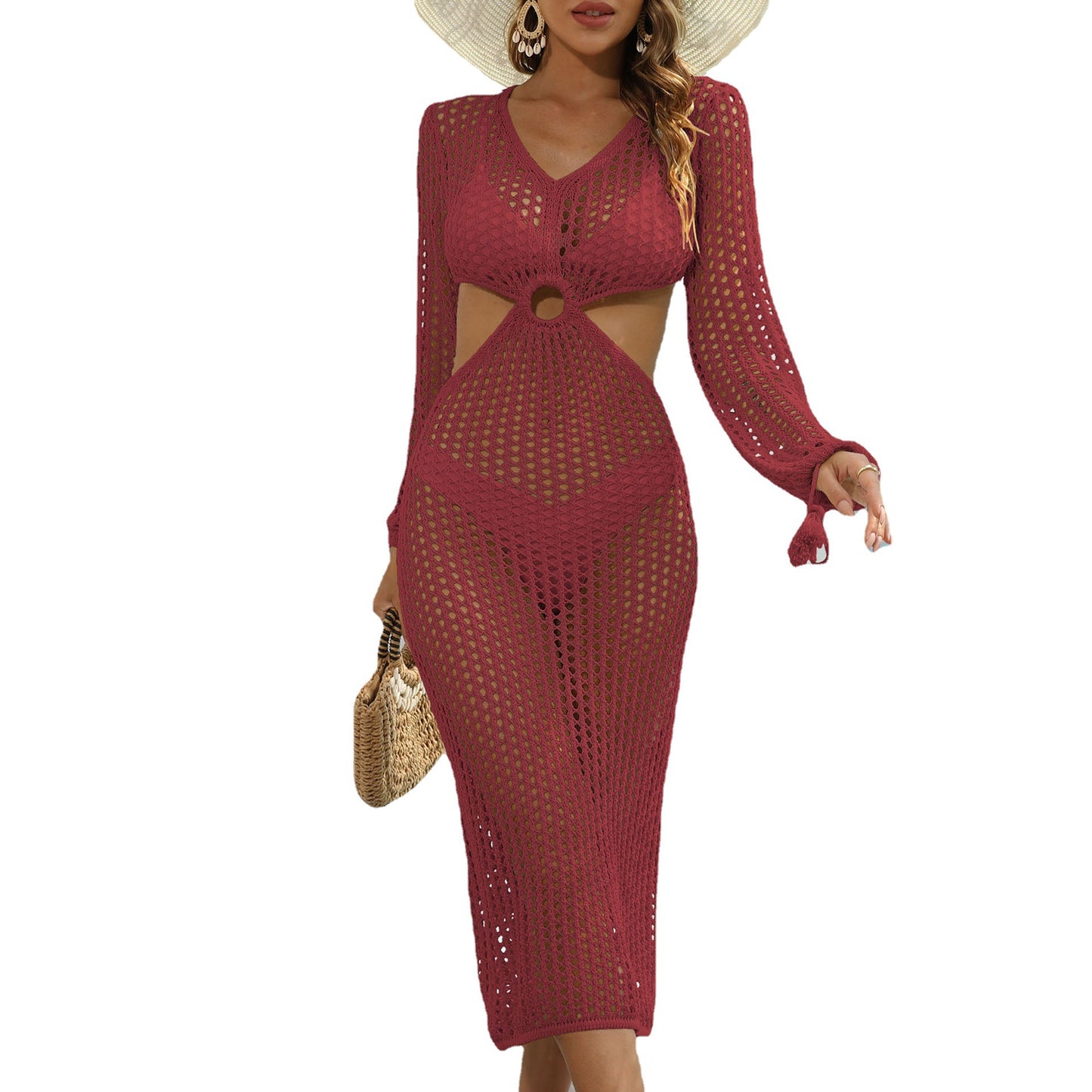 Women Dress Beach Seaside Vacation Sexy Hollow-out Backless Woven Skirt Blouse Crochet