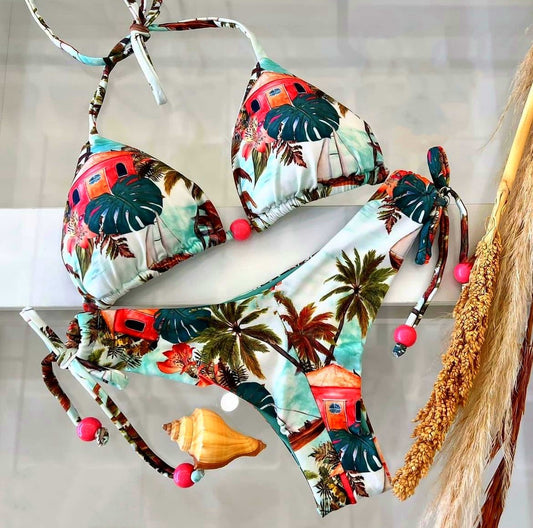 Bikini sexy con estampado de triángulo dividido para mujer