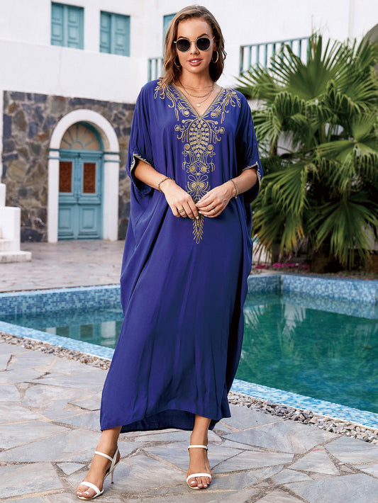 Bata de playa bordada de rayón azul marino, bata bordada, camisa holgada con protección solar, bata de playa