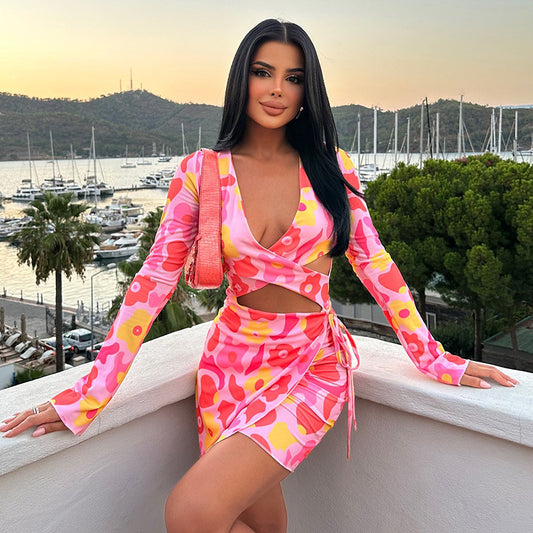 Vestido sexy con escote en V y manga larga para mujer, dulce y fresco, con aberturas