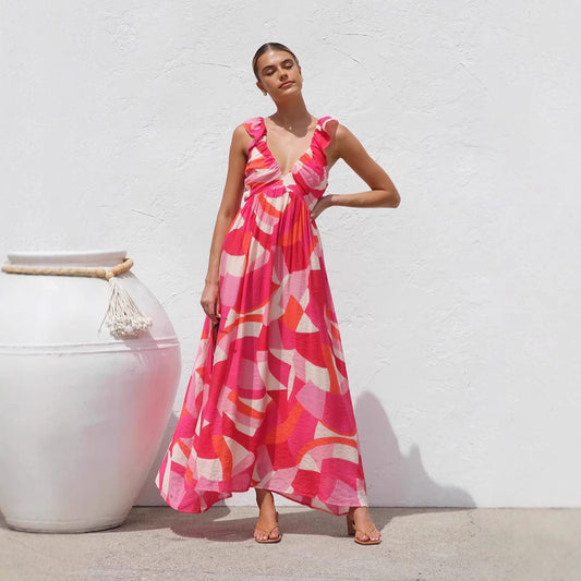 Vestido de verano con estampado del mismo escote en V y tirantes anchos para mujer