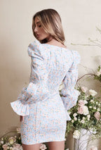 Summer Women Clothing Blue Background Floral Print Chest Pleated Flared Sleeve Square Collar Sheath Dress Yvonne