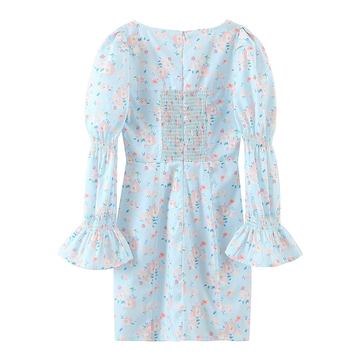 Summer Women Clothing Blue Background Floral Print Chest Pleated Flared Sleeve Square Collar Sheath Dress Yvonne