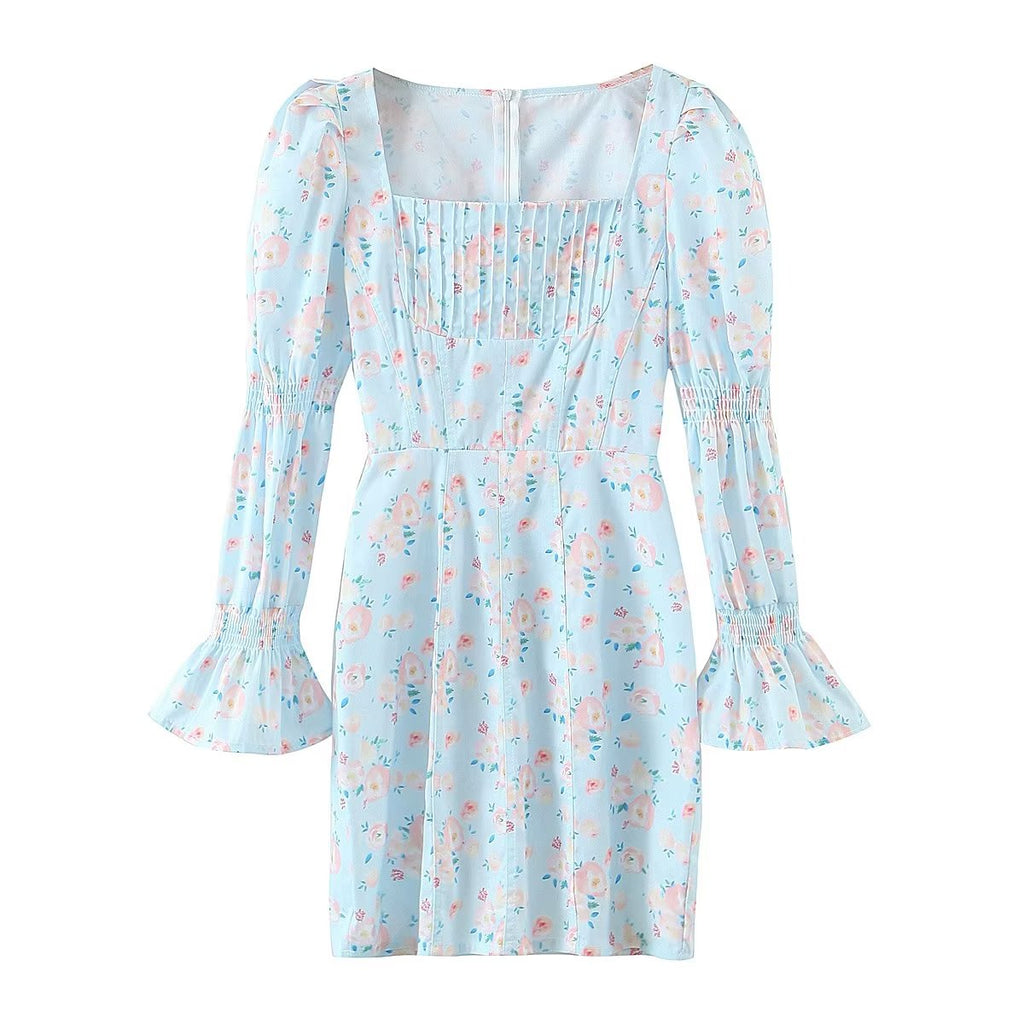 Summer Women Clothing Blue Background Floral Print Chest Pleated Flared Sleeve Square Collar Sheath Dress Yvonne