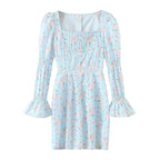 Summer Women Clothing Blue Background Floral Print Chest Pleated Flared Sleeve Square Collar Sheath Dress Yvonne