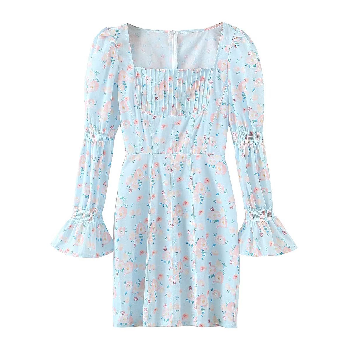 Summer Women Clothing Blue Background Floral Print Chest Pleated Flared Sleeve Square Collar Sheath Dress Yvonne