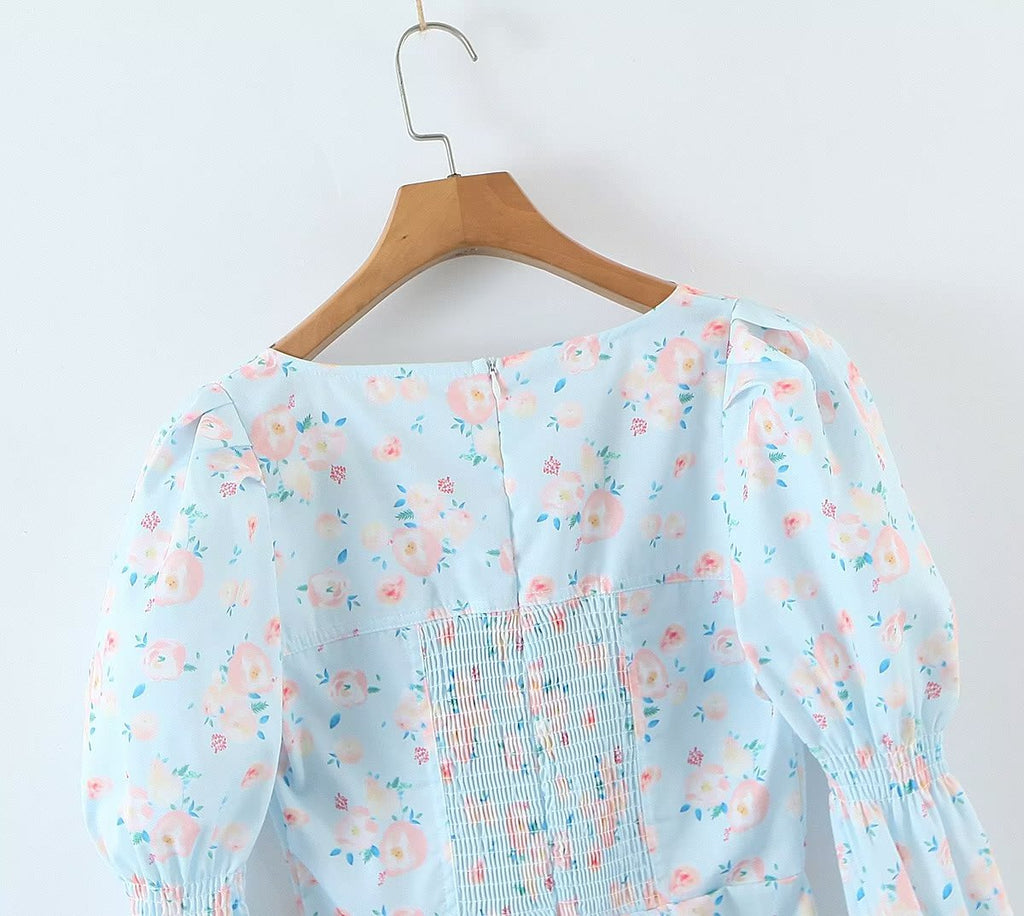 Summer Women Clothing Blue Background Floral Print Chest Pleated Flared Sleeve Square Collar Sheath Dress Yvonne