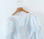 Summer Women Clothing Blue Background Floral Print Chest Pleated Flared Sleeve Square Collar Sheath Dress Yvonne