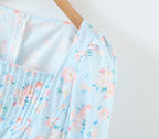 Summer Women Clothing Blue Background Floral Print Chest Pleated Flared Sleeve Square Collar Sheath Dress Yvonne