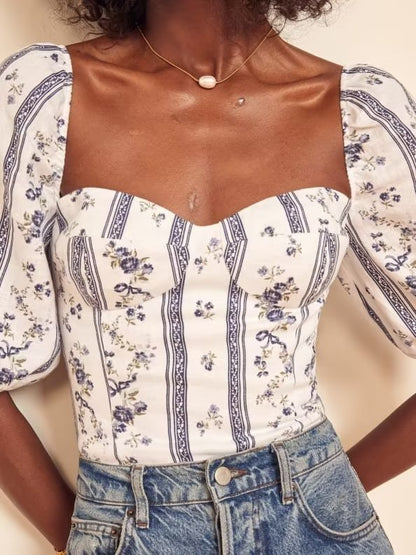 Chemise imprimée à rayures bleues Summer Wind pour femme, manches courtes