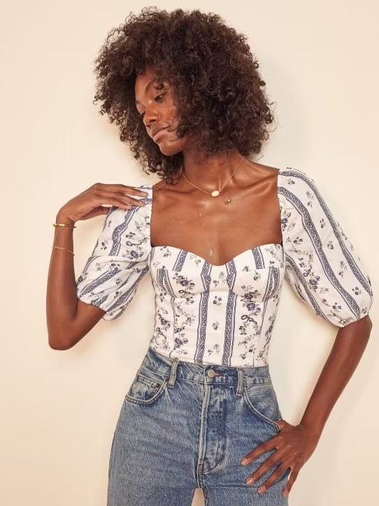 Chemise imprimée à rayures bleues Summer Wind pour femme, manches courtes