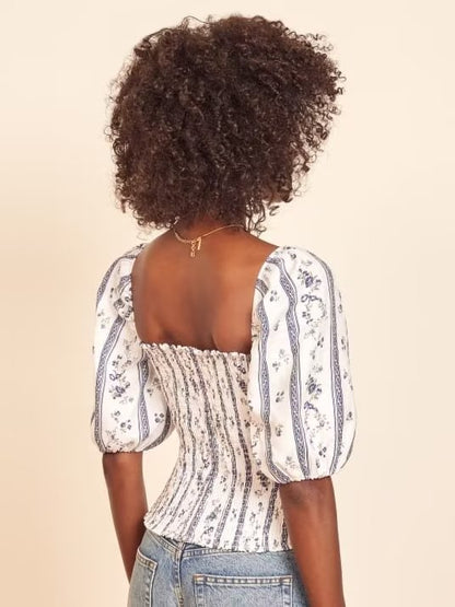 Chemise imprimée à rayures bleues Summer Wind pour femme, manches courtes