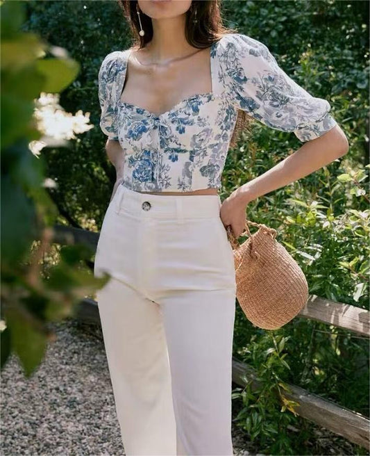 Jersey de verano con cuello cuadrado y media manga ajustado para mujer