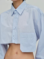 Suéter de otoño con cuello, bolsillo y mangas acampanadas multicolor, color azul liso para oficina, ropa a juego.