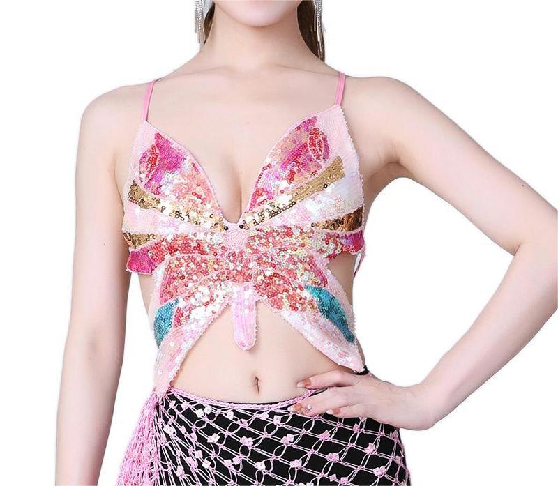 Top de espectáculo con lentejuelas para danza del vientre, sujetador de mariposa con lentejuelas, top de mariposa con lentejuelas para escenario de discoteca DS