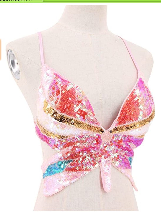 Top de espectáculo con lentejuelas para danza del vientre, sujetador de mariposa con lentejuelas, top de mariposa con lentejuelas para escenario de discoteca DS