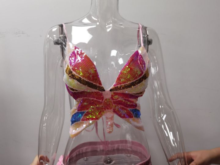 Top de espectáculo con lentejuelas para danza del vientre, sujetador de mariposa con lentejuelas, top de mariposa con lentejuelas para escenario de discoteca DS