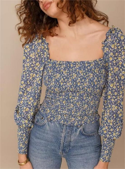 Blusa de verano para mujer, estilo francés vintage con estampado floral, cuello cuadrado, plisada, elástica, ajustada, con mangas de obispo