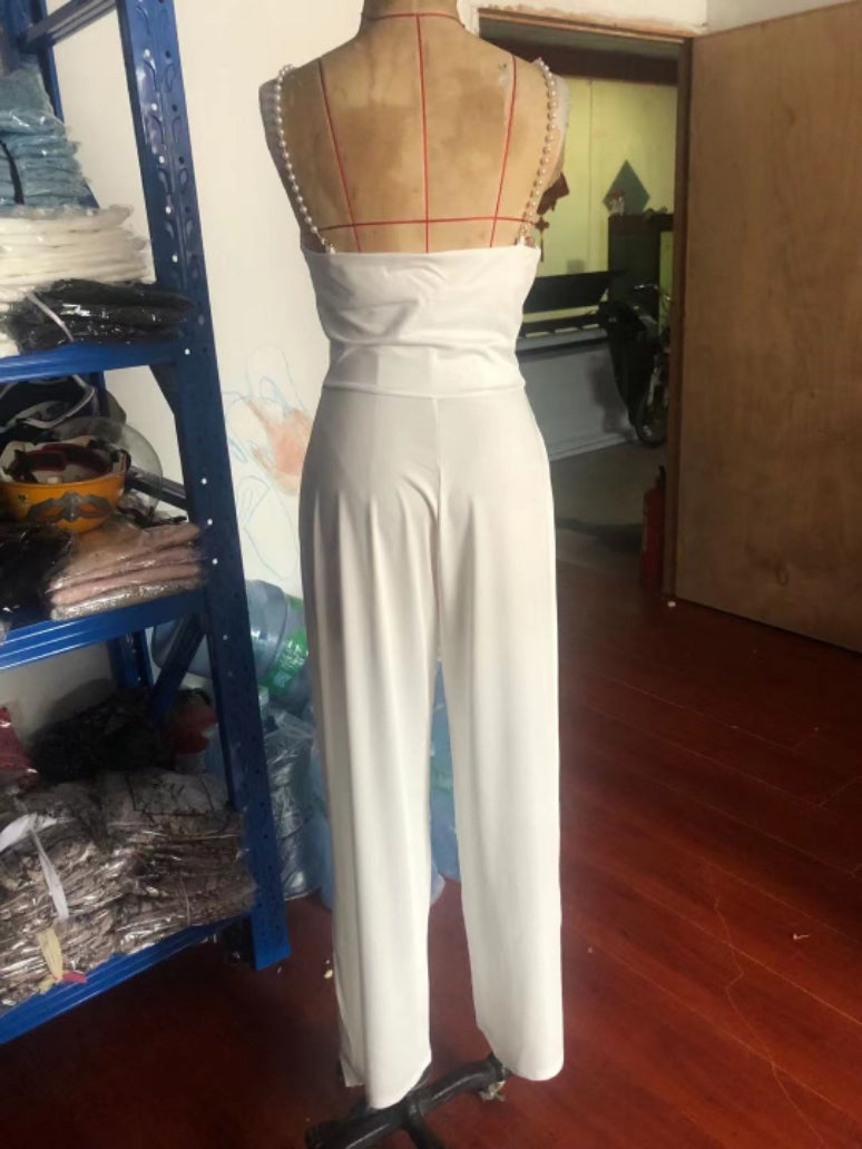 Pearl Suspender Wide Leg Sleeveless V-neck Backless Trousers Jumpsuit FLYSMART