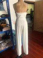 Pearl Suspender Wide Leg Sleeveless V-neck Backless Trousers Jumpsuit FLYSMART