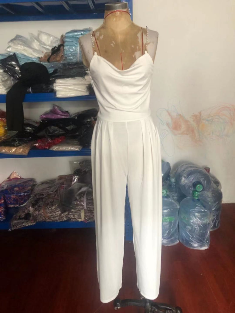 Pearl Suspender Wide Leg Sleeveless V-neck Backless Trousers Jumpsuit FLYSMART
