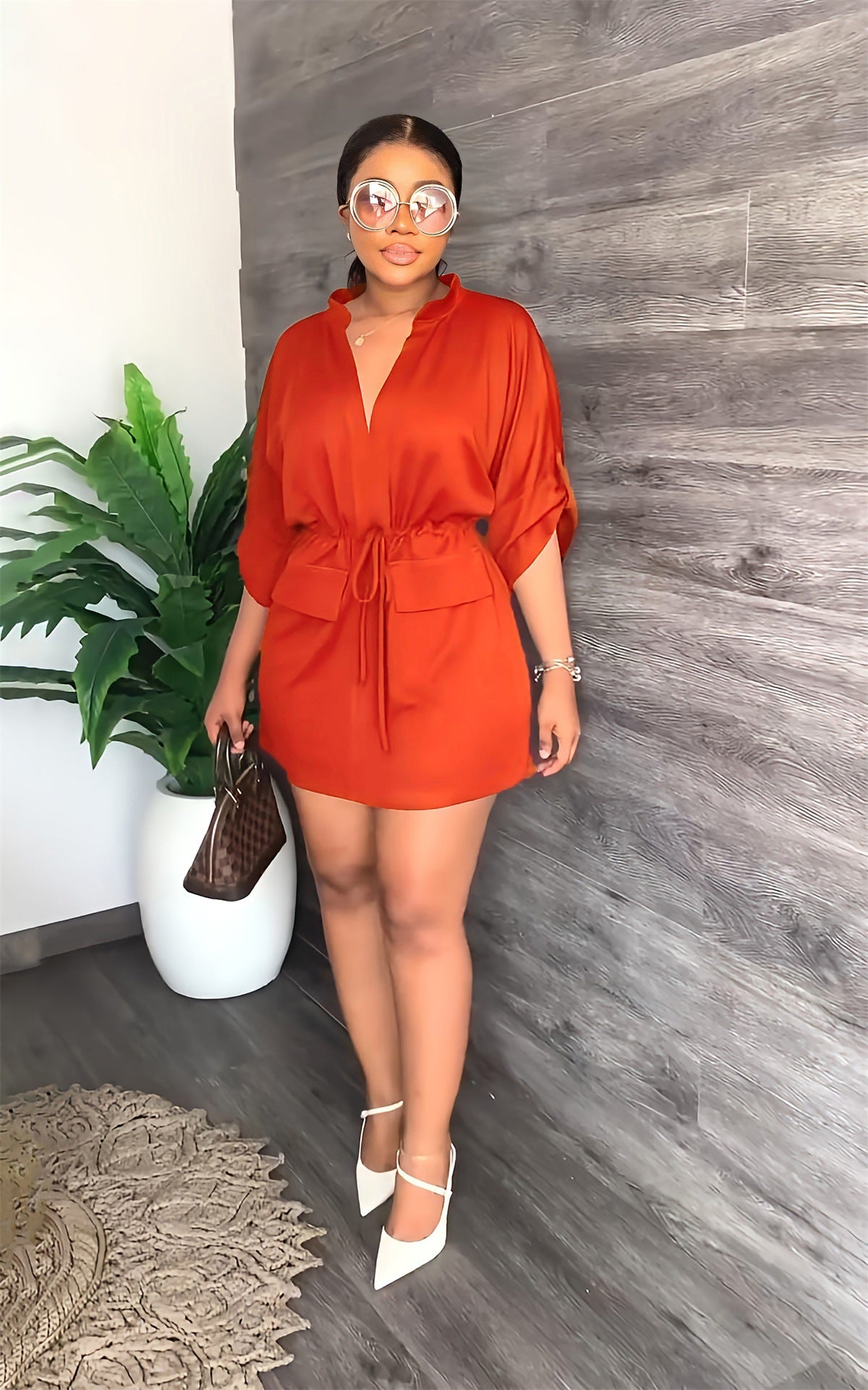 V neck Loose Waist Tight Workwear Short Summer Casual Women Dress PLAYA