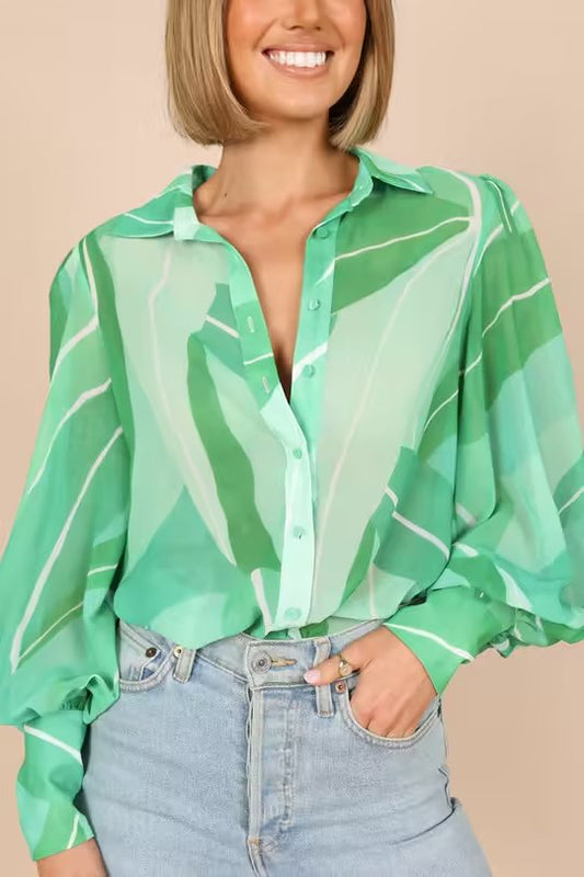Camisa con cuello y estampado floral de botonadura sencilla para mujer de otoño e invierno