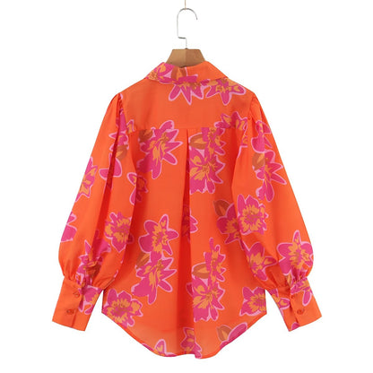 Chemise à col boutonné simple imprimé floral pour femme, automne-hiver