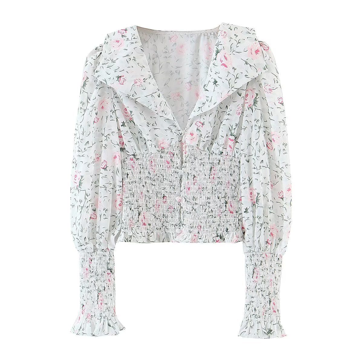 Chemise à manches longues à col large et taille élastiquée, style blogueuse automnale, à imprimé floral et manches lanternes, col rond et taille élastiquée.