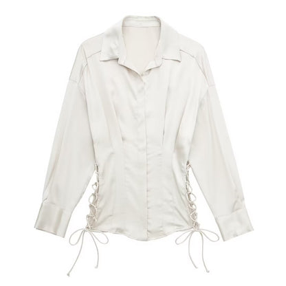 Camisa de satén ajustada con cordones y manga larga para mujer de otoño