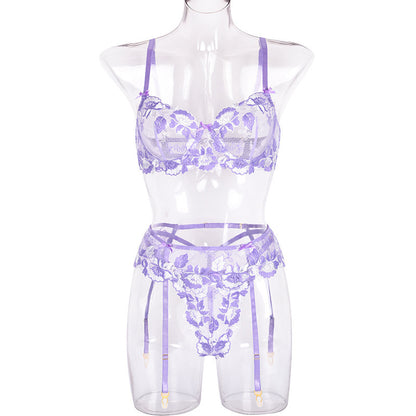 Hollow Out Cutout Floral Embroidery Lace Three-Point Garter Sexy Suit Three-Piece Set