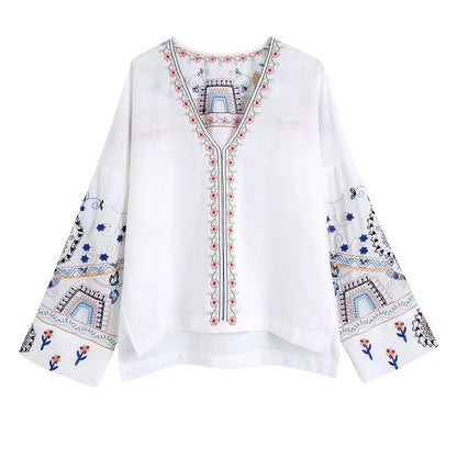 Blouse brodée à manches longues et col en V pour femme, automne. Vêtements pour femmes.
