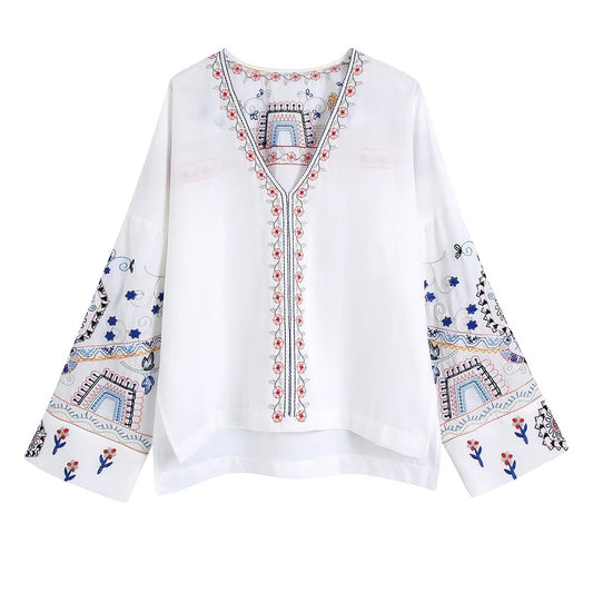 Blusa bordada de manga larga con cuello en V para mujer de otoño