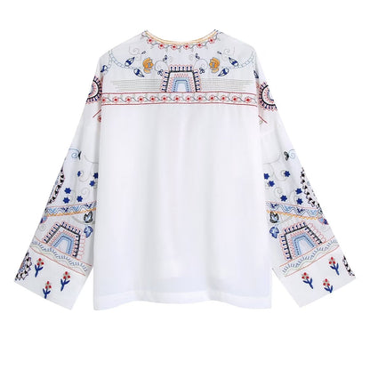 Blouse brodée à manches longues et col en V pour femme, automne. Vêtements pour femmes.