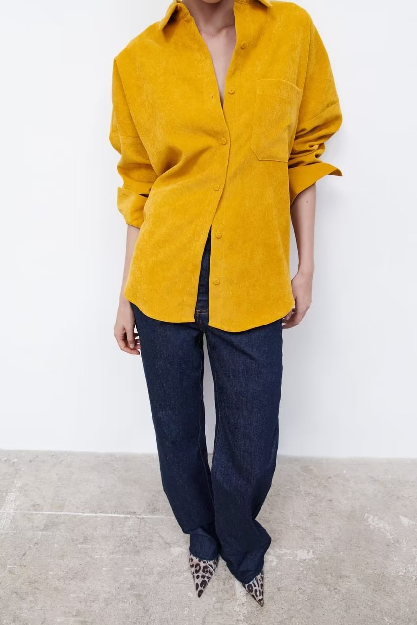 Camisa amarilla coreana para mujer, ropa de otoño, informal, holgada, de manga larga, de pana.