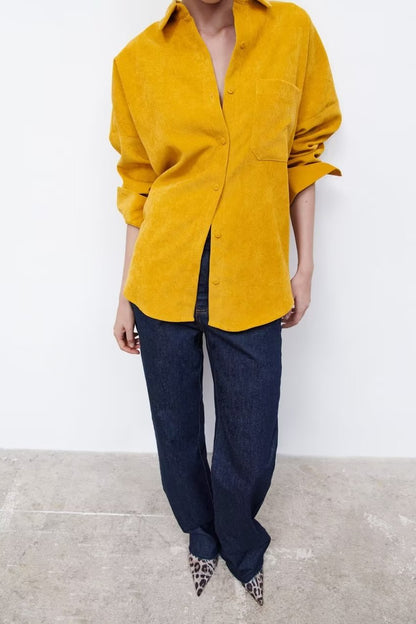Camisa amarilla coreana para mujer, ropa de otoño, informal, holgada, de manga larga, de pana.