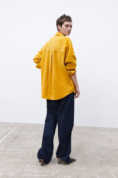Camisa amarilla coreana para mujer, ropa de otoño, informal, holgada, de manga larga, de pana.