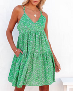 Women New Floral Print Criss Cross Strap V Neck Dress CC