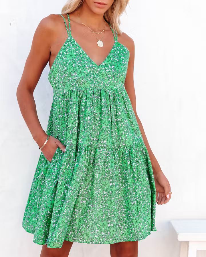 Women New Floral Print Criss Cross Strap V Neck Dress CC