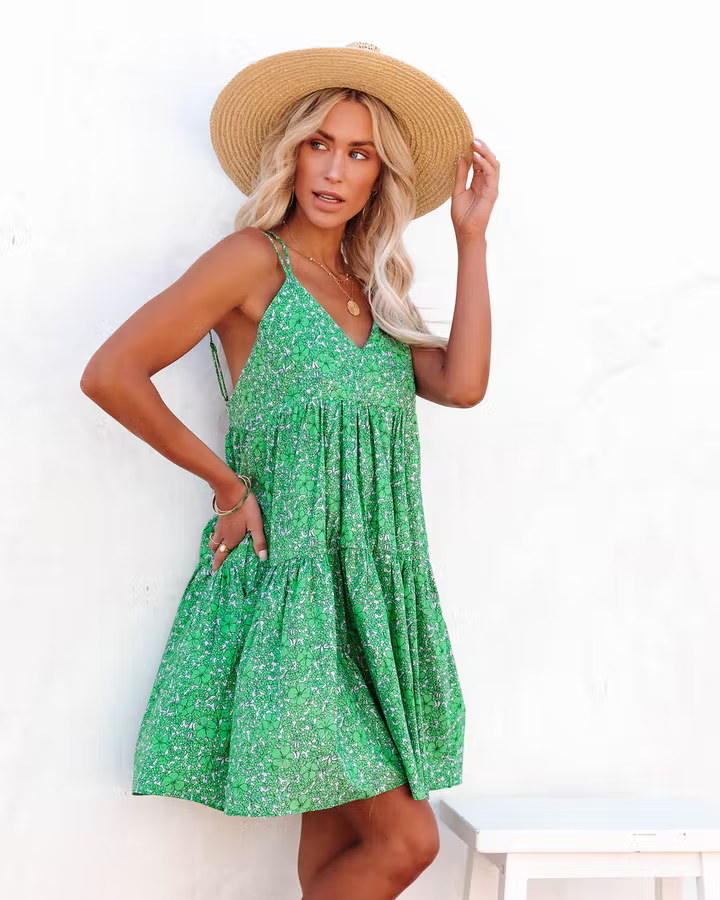 Women New Floral Print Criss Cross Strap V Neck Dress CC