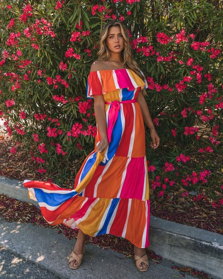 Women New Striped Printed Shoulder Ruffled Dress CC