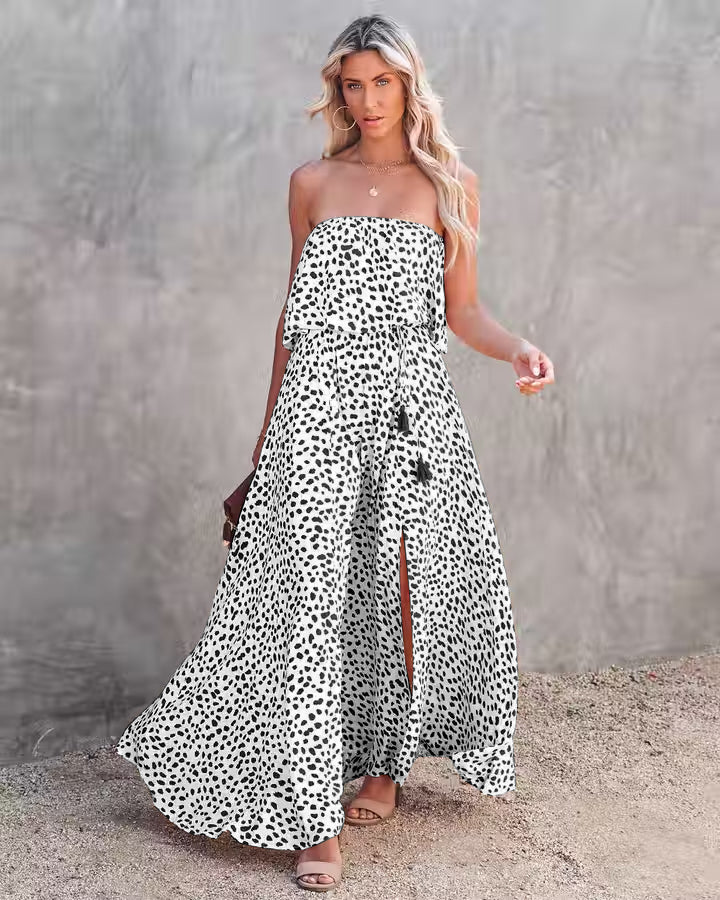 Women Summer Strapeless Vacation New National Flounced Floral Dress Bohemian Suspender Dress CC