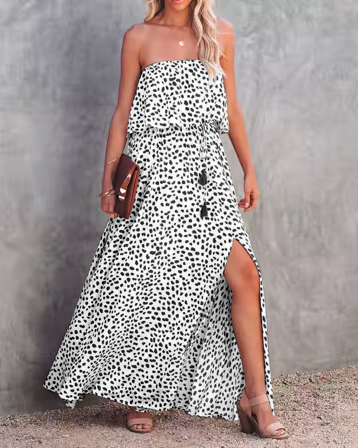 Women Summer Strapeless Vacation New National Flounced Floral Dress Bohemian Suspender Dress CC