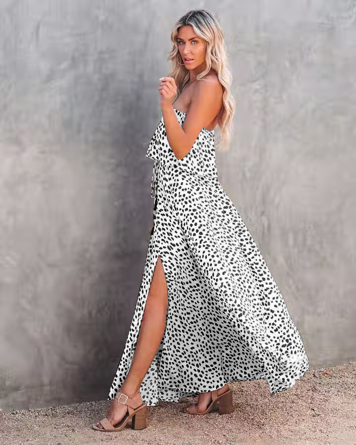 Women Summer Strapeless Vacation New National Flounced Floral Dress Bohemian Suspender Dress CC