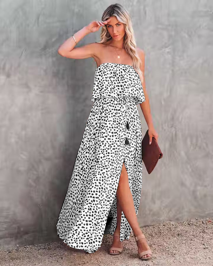 Women Summer Strapeless Vacation New National Flounced Floral Dress Bohemian Suspender Dress CC