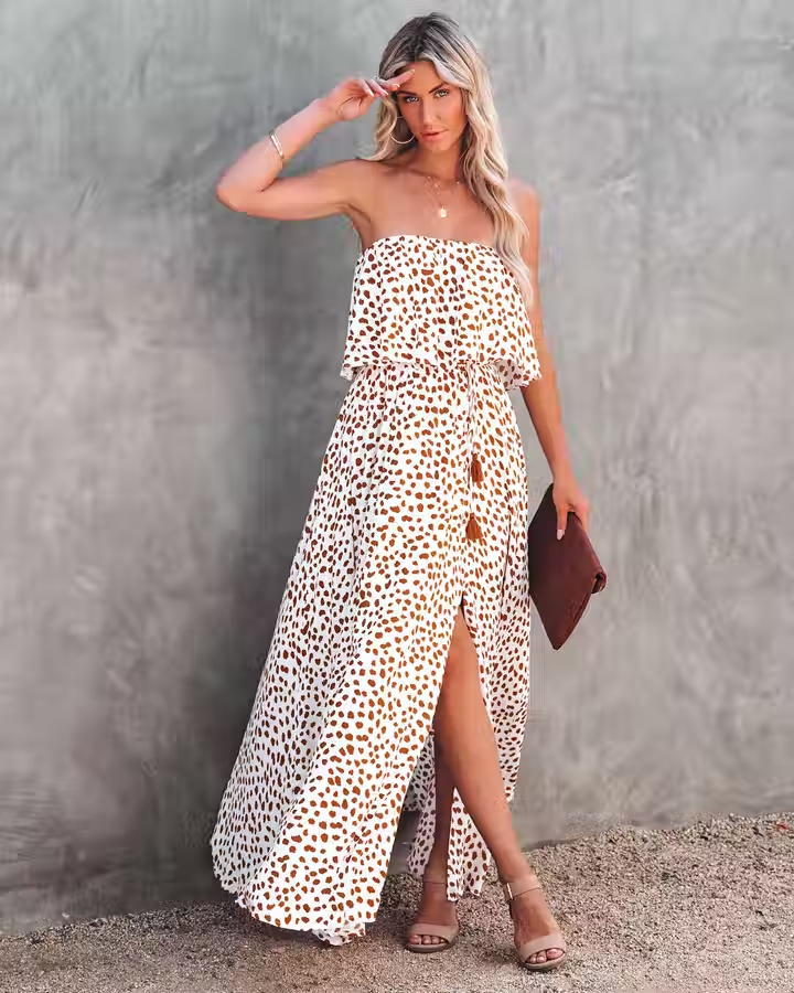 Women Summer Strapeless Vacation New National Flounced Floral Dress Bohemian Suspender Dress CC