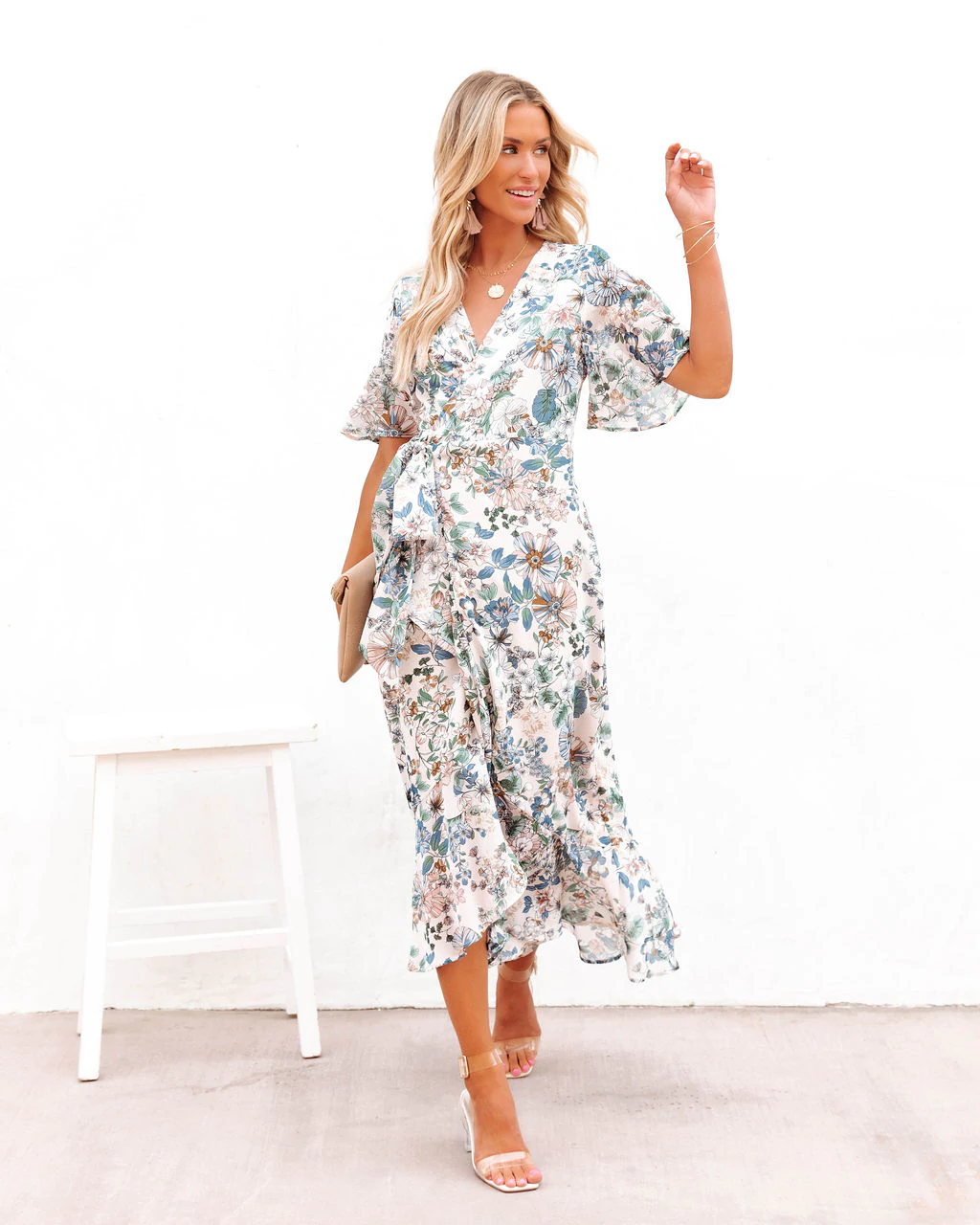 Women Summer Vacation New National Flounced Floral Dress Bohemian Wrap Dress CC