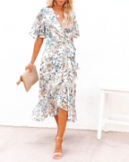 Women Summer Vacation New National Flounced Floral Dress Bohemian Wrap Dress CC