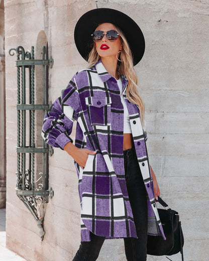 Blusa larga a cuadros con cuello de invierno para mujer, de lana holgada para oficina